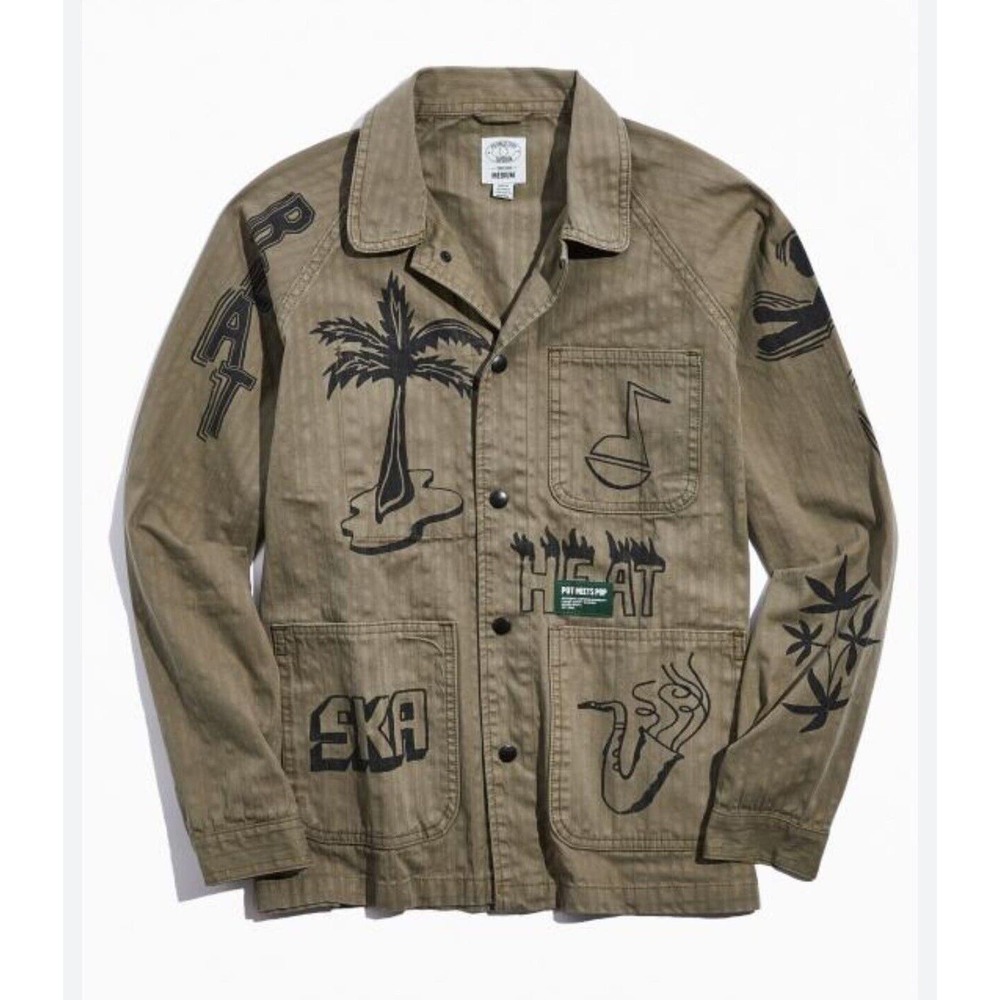 Pot Meets Pop Mens Olive‎ Herringbone Graphic Chore Jacket SKA HEAT Large